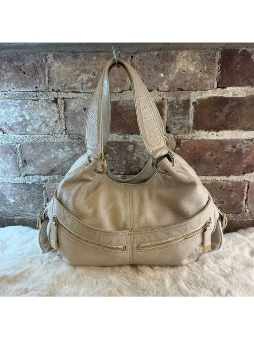 Michael Kors Beige Pebbled Leather Shoulder Bag with Gold-Tone Zipper Hardware